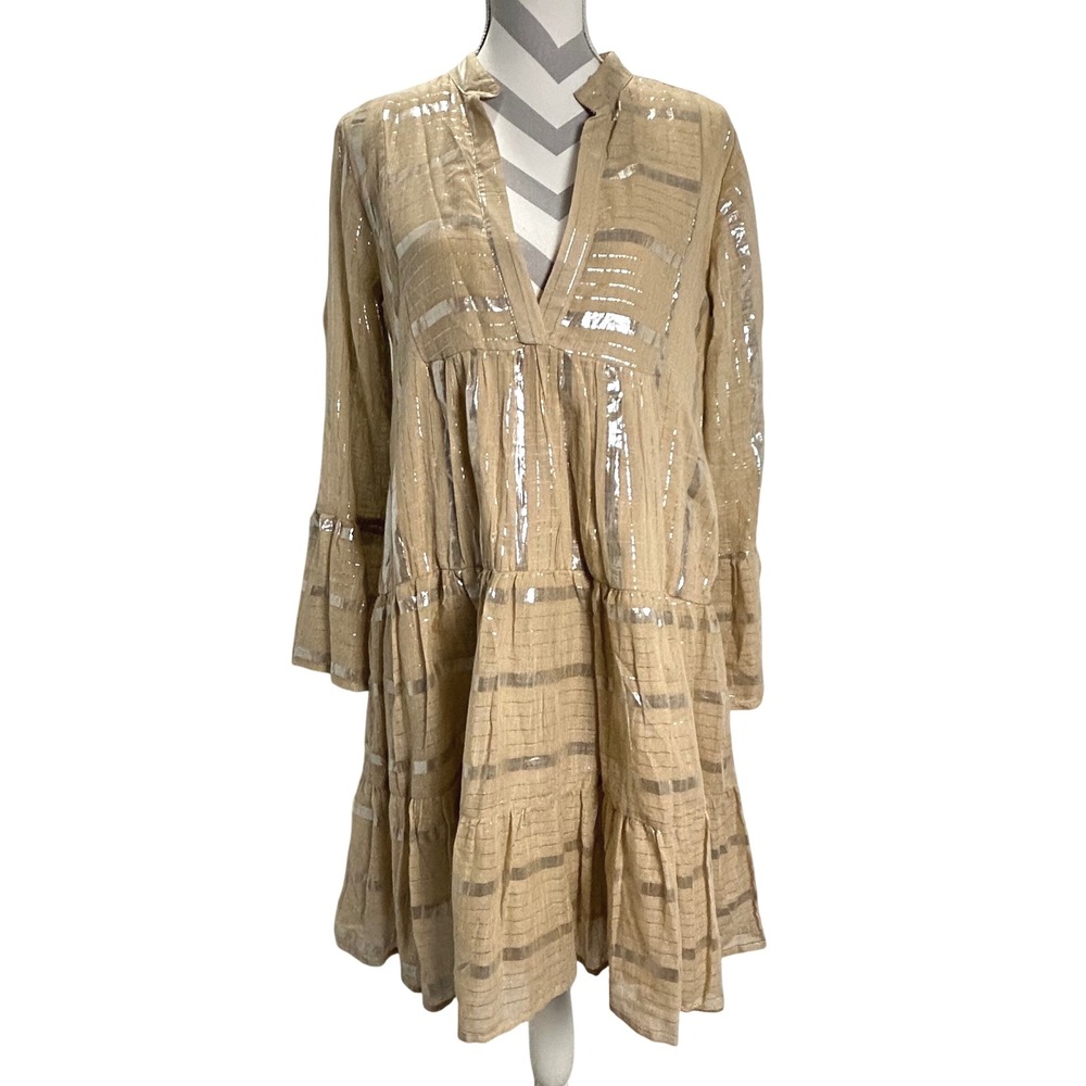 Natural Impressions Prairie Dress Beige Tan Silver Striped Tiered Long Sleeve M‎